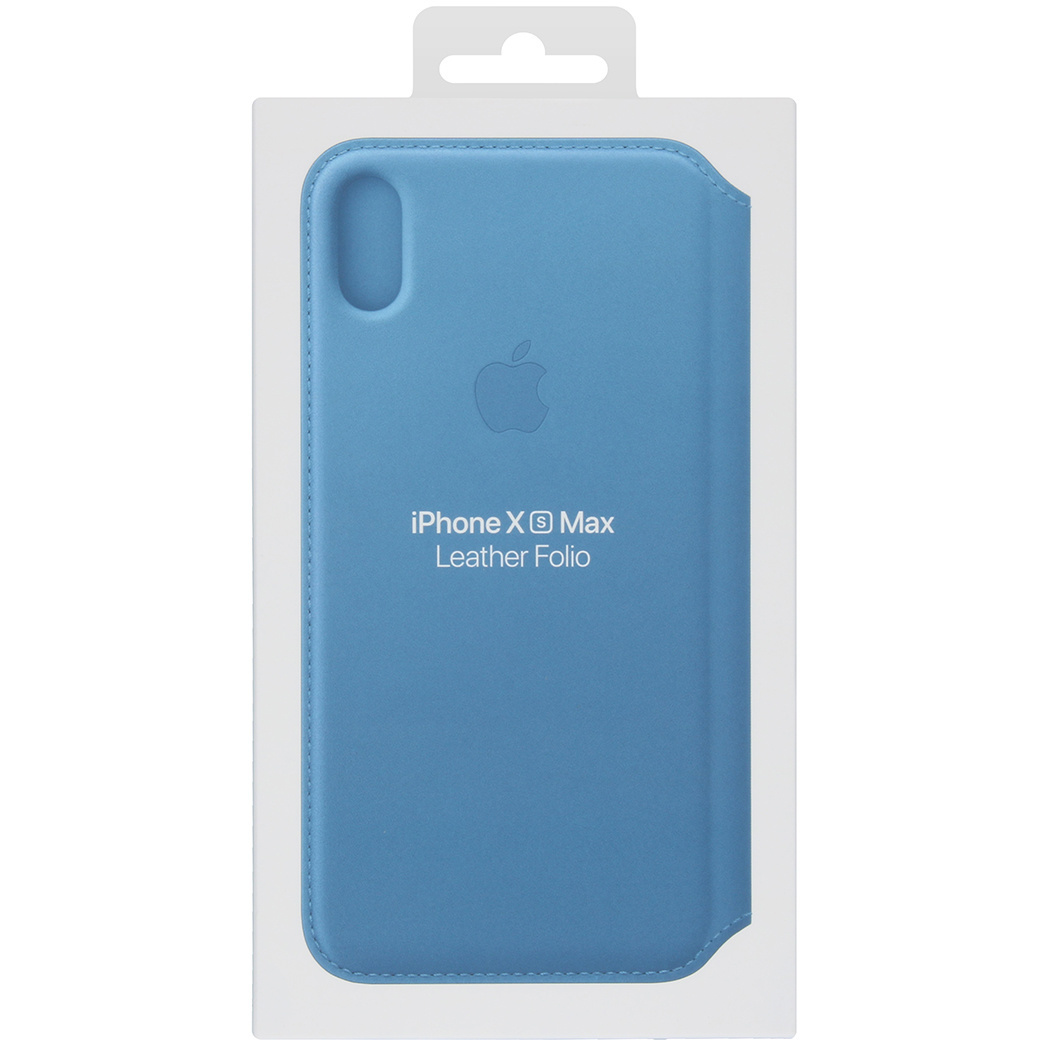 Custodia a libro in pelle blu per iPhone XS Max, con logo Apple.