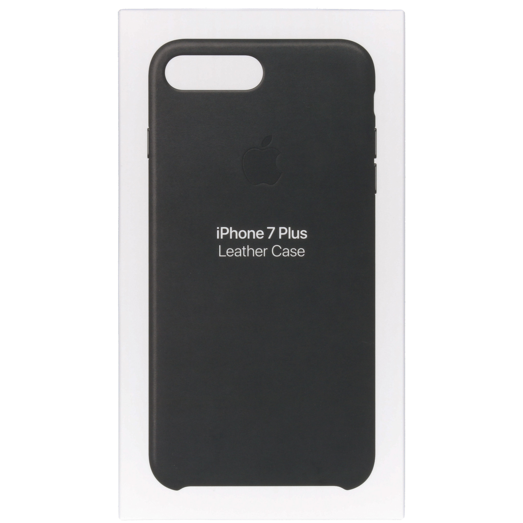Custodia in pelle nera per iPhone 7 Plus con logo Apple su scatola bianca.
