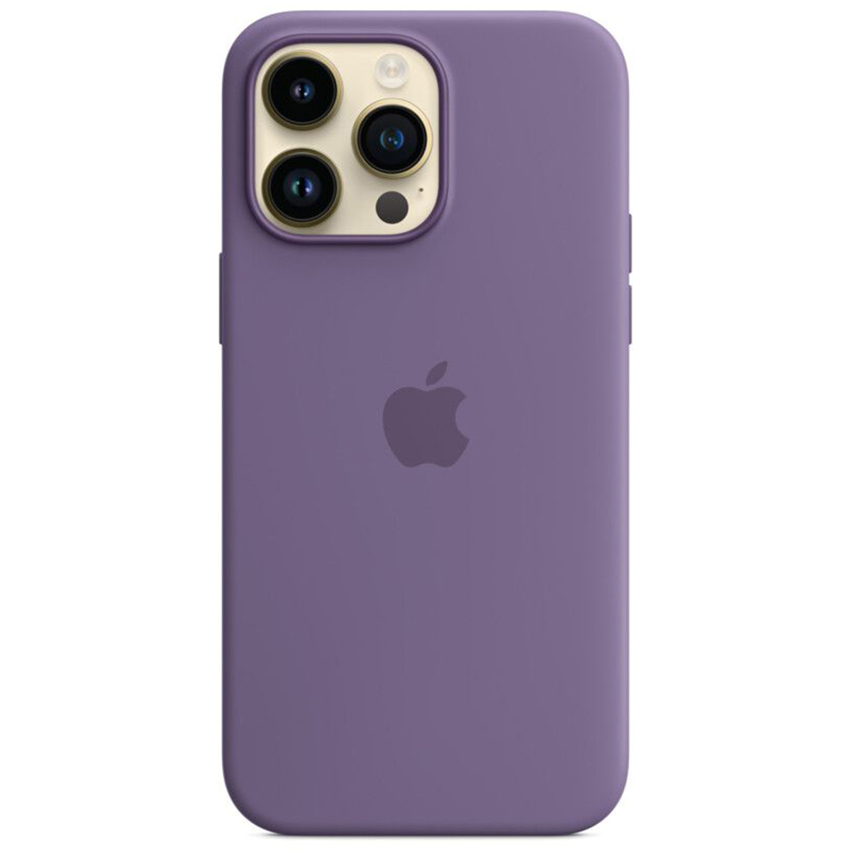 Purple iPhone case with three camera lenses and Apple logo.
