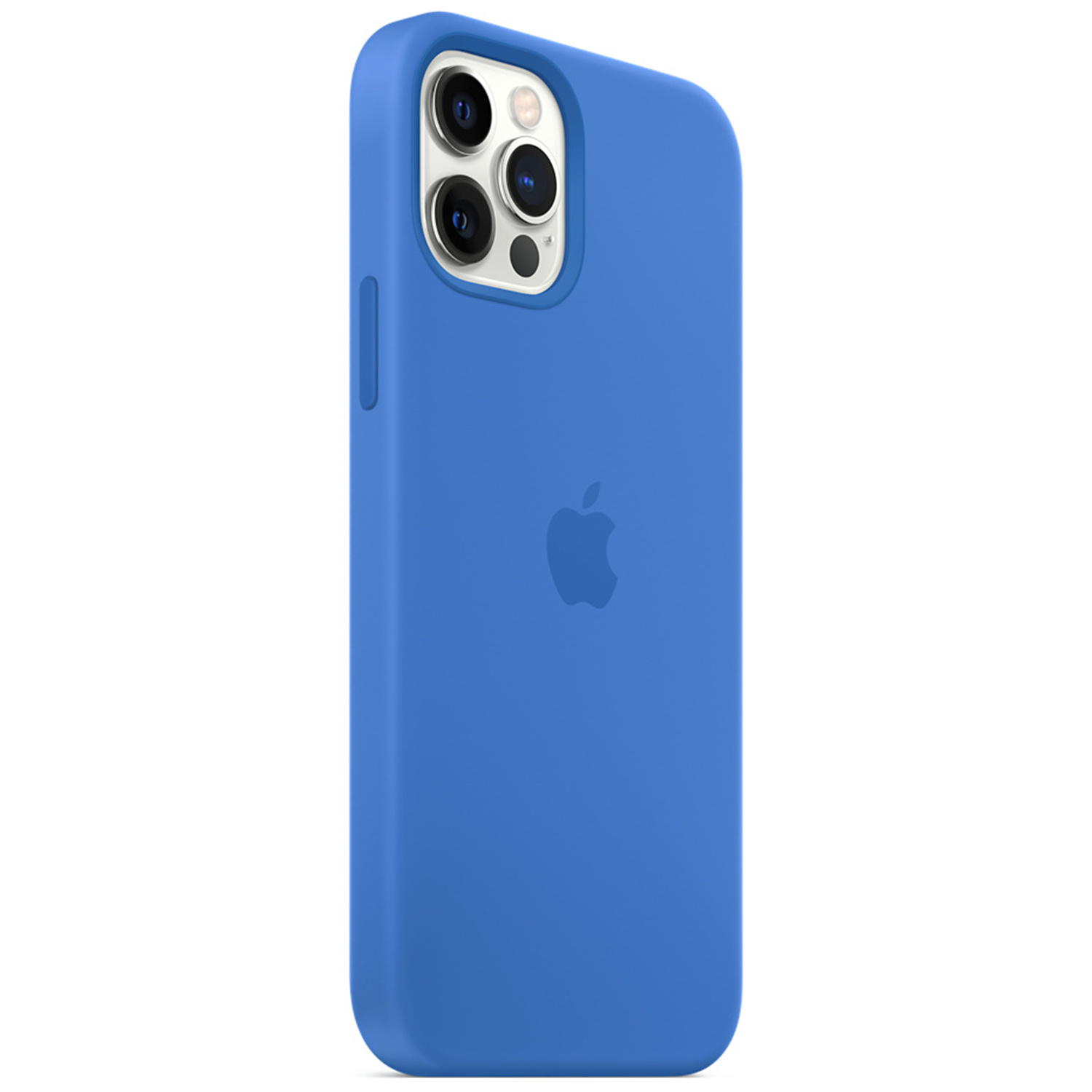 Una cover blu per telefono con logo Apple e foro fotocamera.