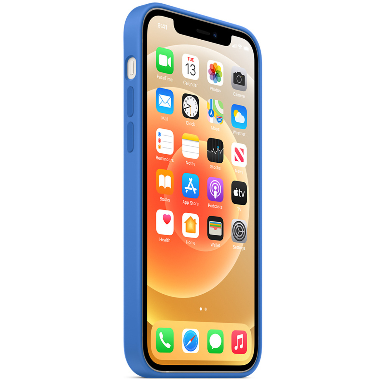 Un iPhone blu con molte icone di app sullo schermo.