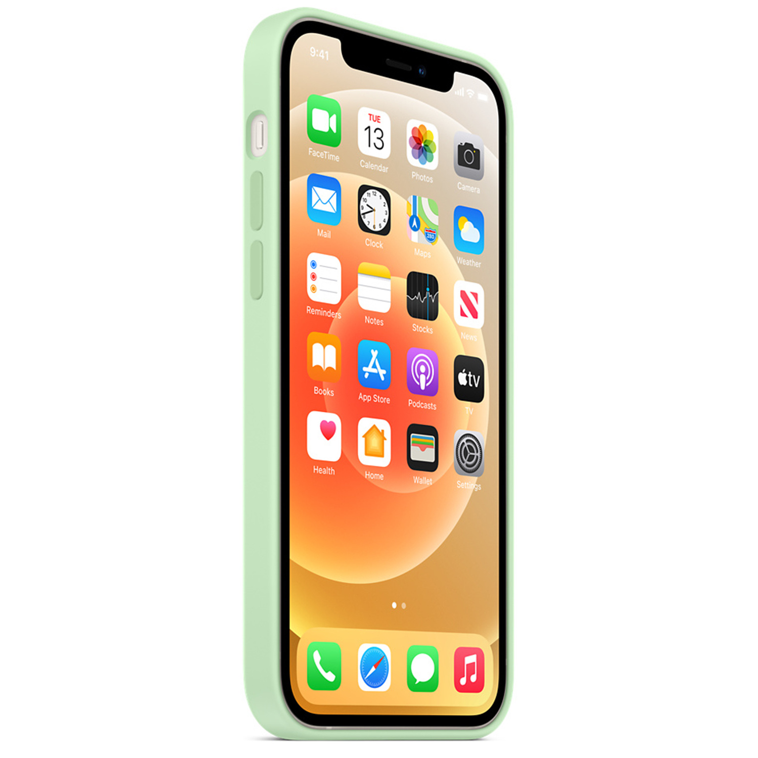 Een lichtgroene iPhone met een scherm dat apps toont op een witte achtergrond.