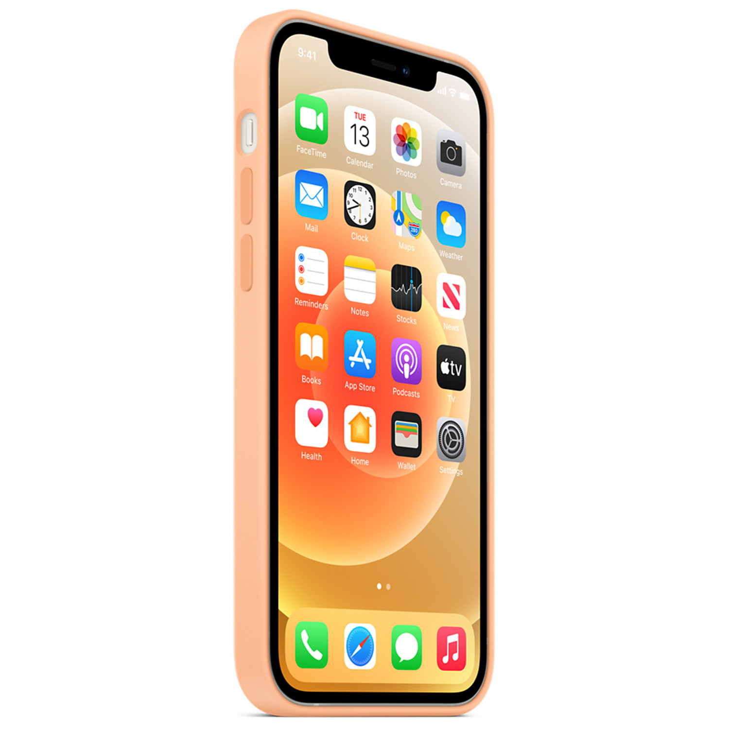 Un iPhone de couleur pêche avec de nombreuses icônes d'applications à l'écran.