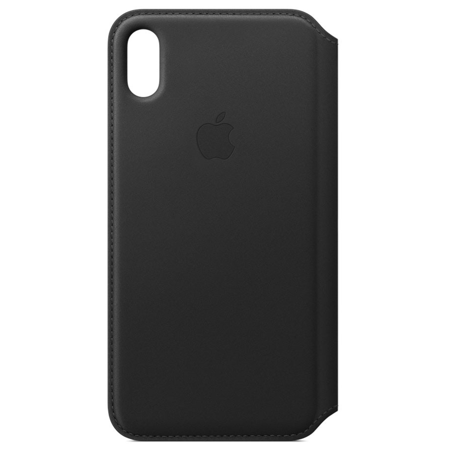 Schwarzes Lederetui mit Apple-Logo und Kameraaussparung.