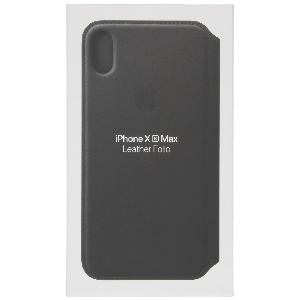 Dunkelgraues Leder-Flipcase für iPhone Xs Max mit Apple-Logo.