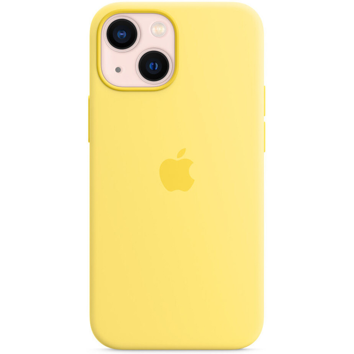 Gele iPhone hoes met Apple logo en camera-uitsparing.