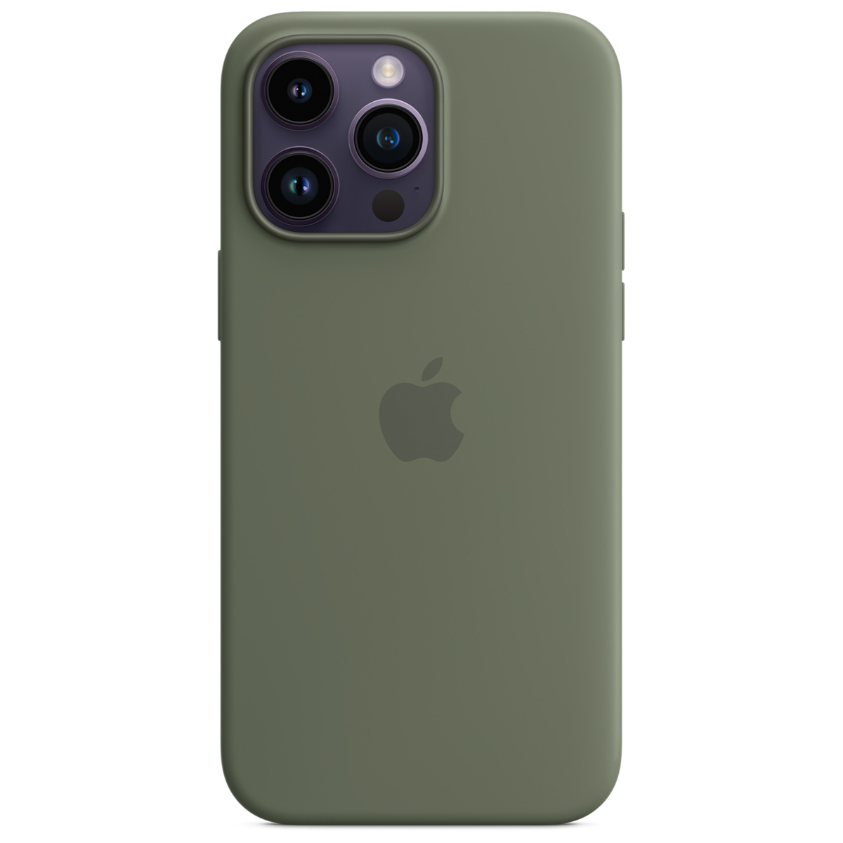 Green phone case with Apple logo and three camera lenses.