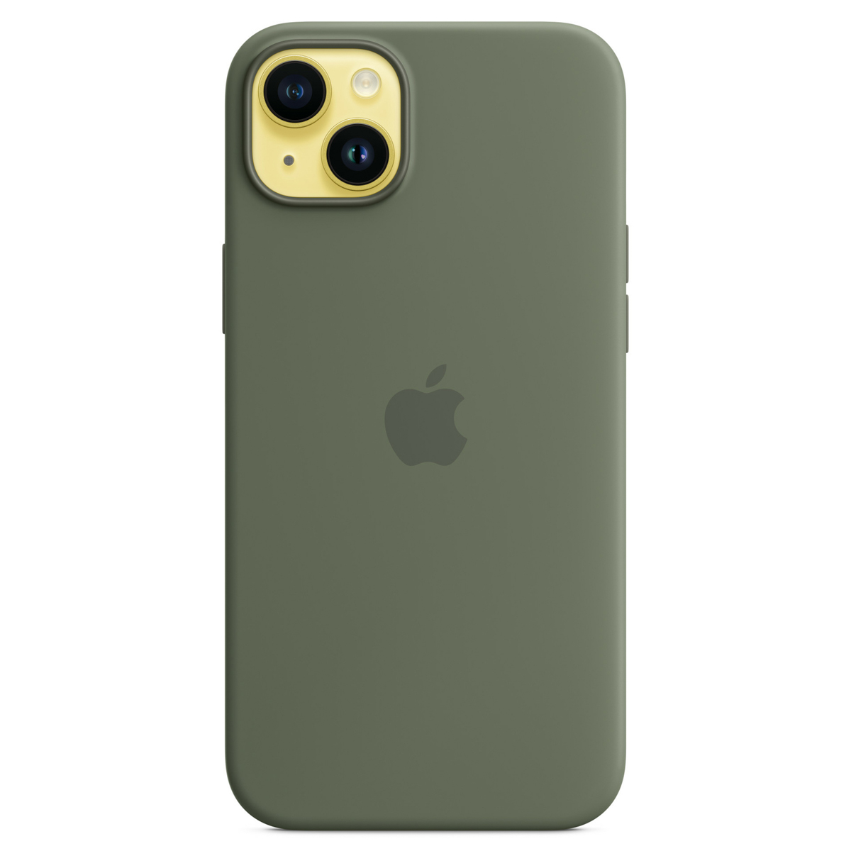 Una custodia verde scuro per iPhone con logo Apple e foro per fotocamera.