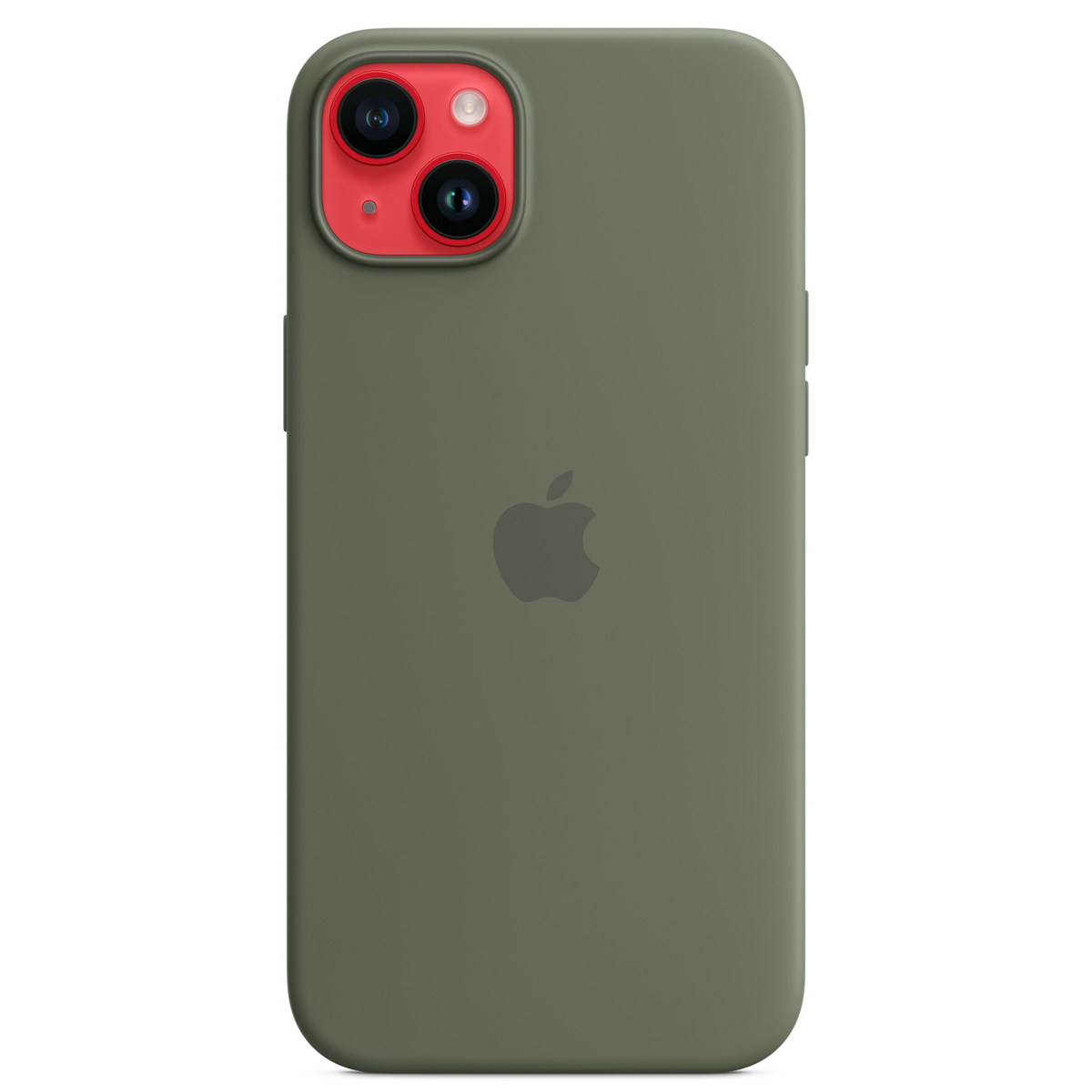 Custodia verde per telefono con cornice fotocamera rossa e logo Apple.