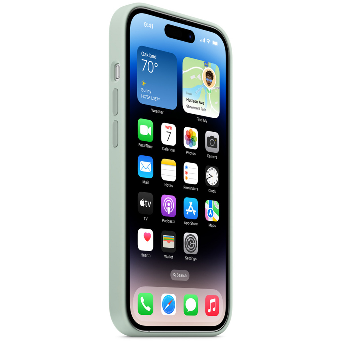 A light green iPhone with its interface open, set against a white background.
