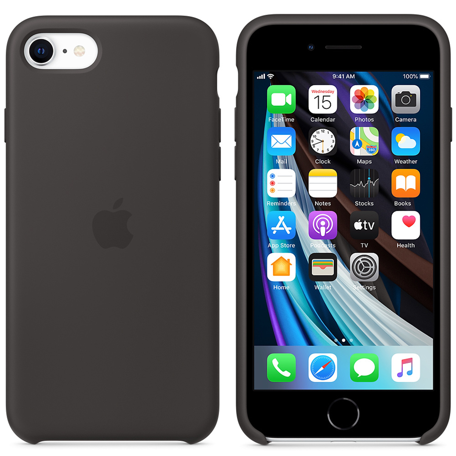 Dunkelgraues iPhone mit schwarzer Hülle, Vorder- und Rückansicht.
