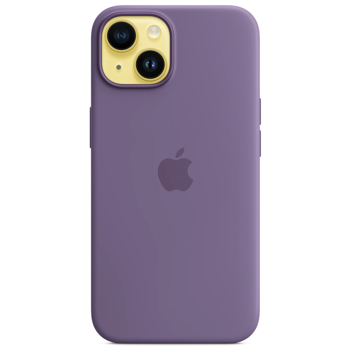 Fioletowe etui na iPhone z logo Apple i wycięciem na aparat.