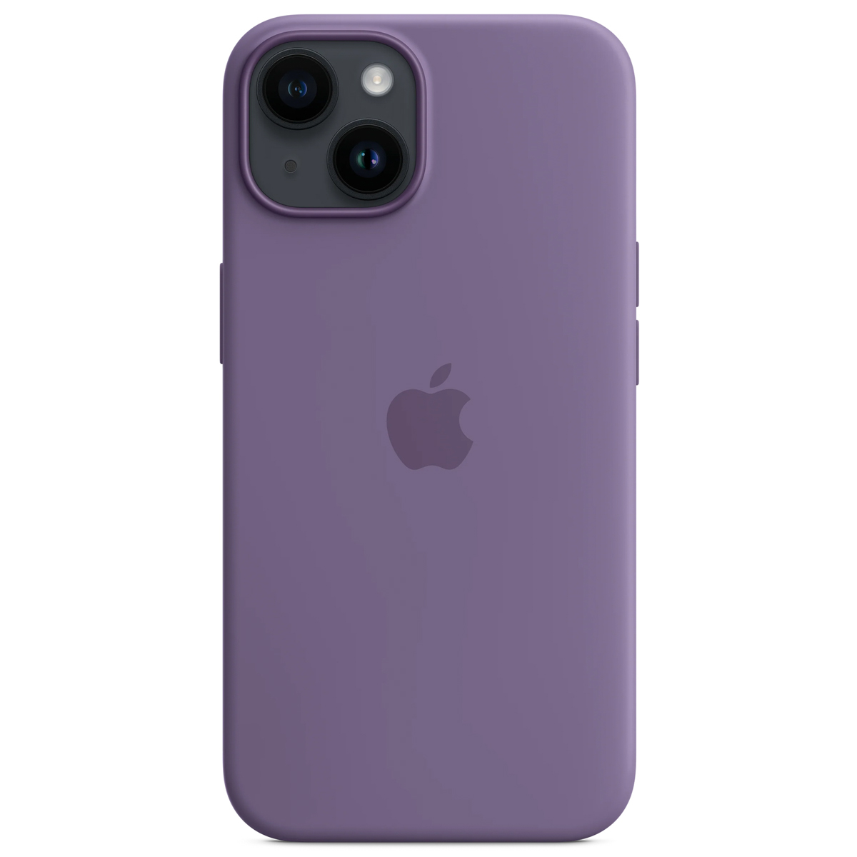 Fioletowe etui na iPhone z logo Apple i aparatem.