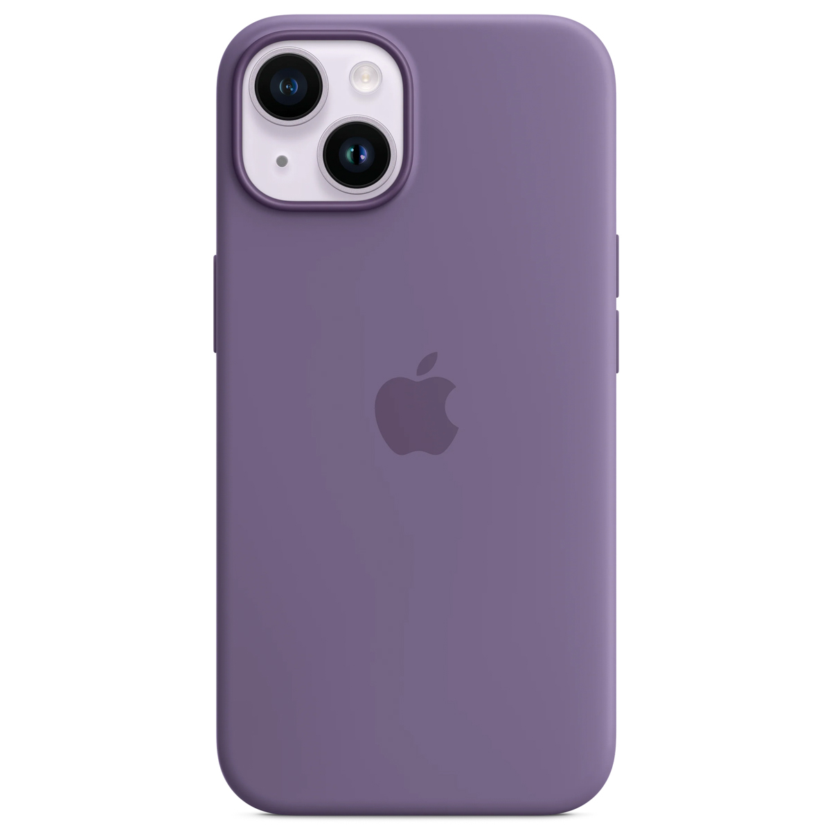 Fioletowe etui na iPhone z logo Apple i podwójnym aparatem z tyłu.