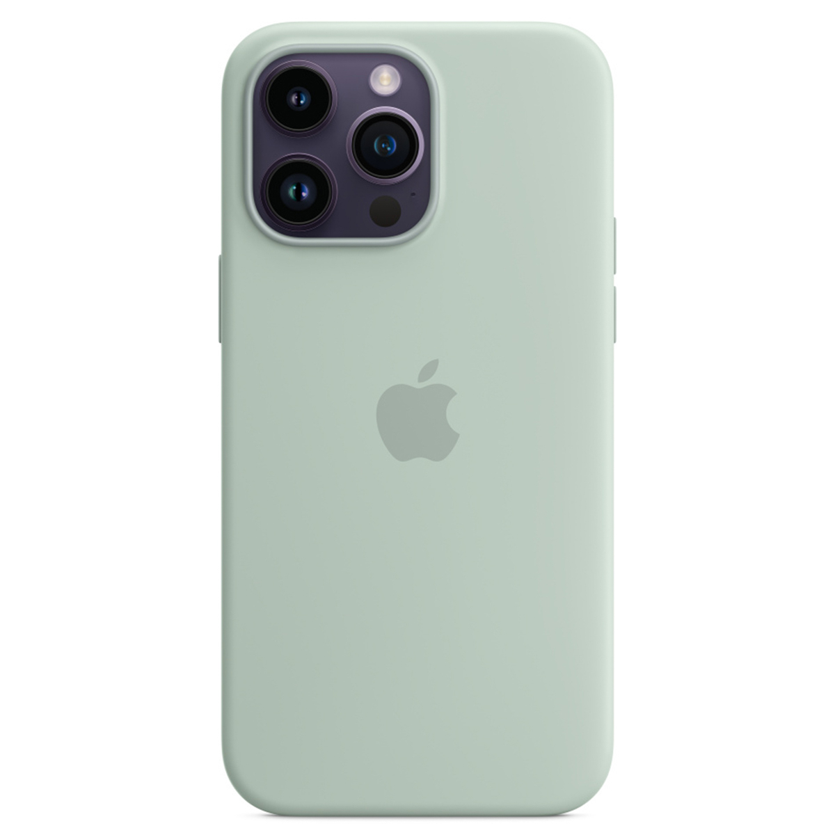 Eine hellgrüne iPhone-Hülle mit Kamerabeule und Apple-Logo.