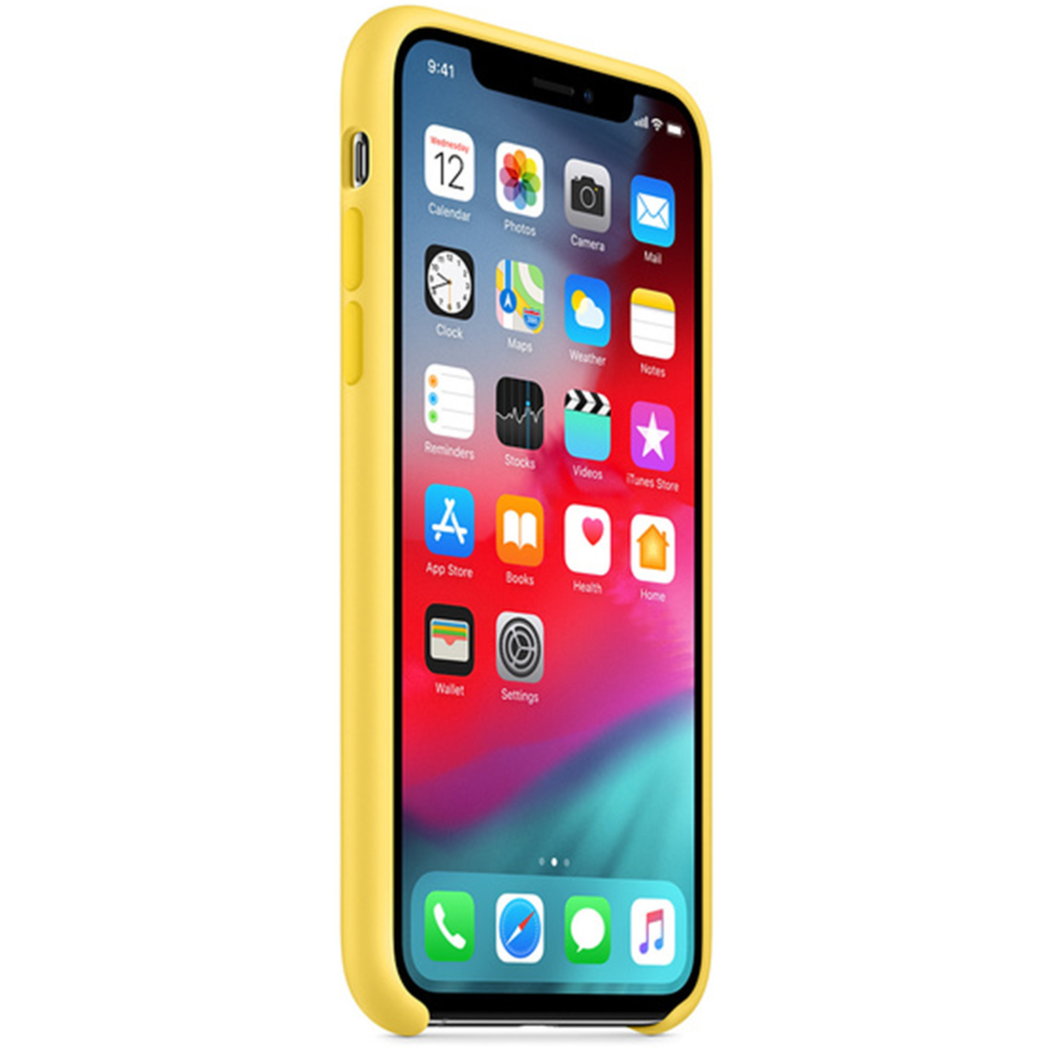 Ein gelbes iPhone mit einem Sperrbildschirm und App-Symbolen.