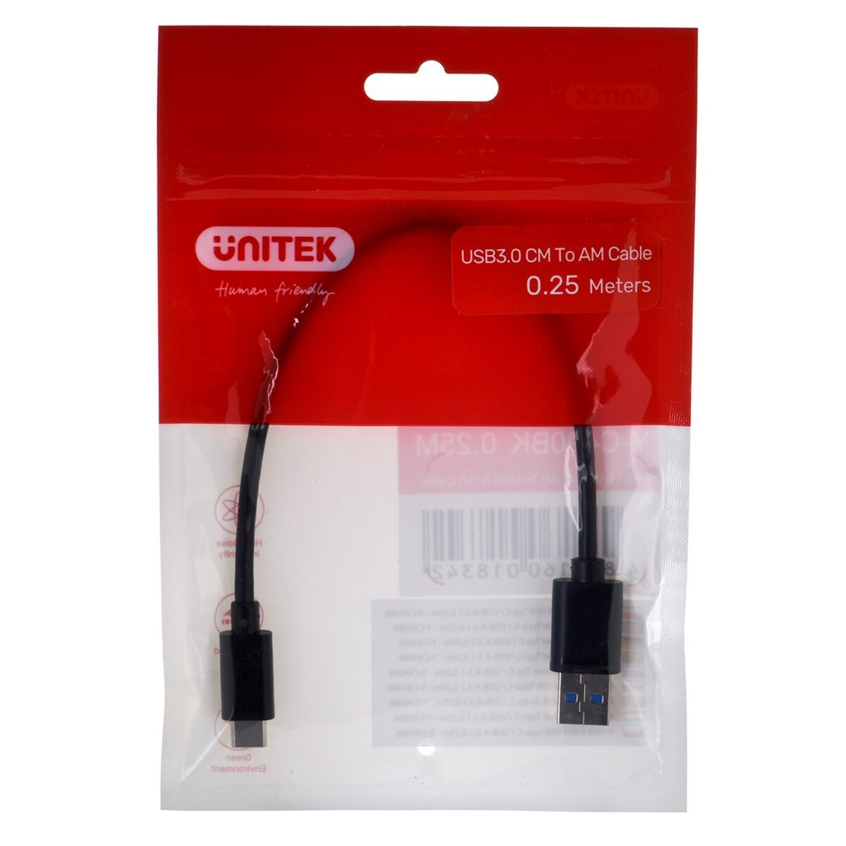 Kabel Unitek USB 3.0, 0.25m, czarny, z wtyczkami USB-C i USB-A.