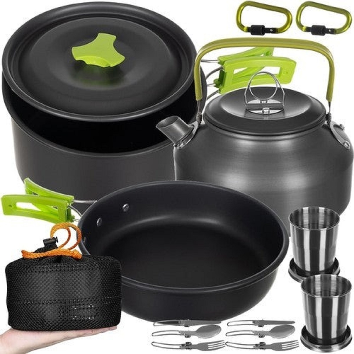 Set de utensilios de cocina para acampar con ollas, sartén, tetera, tazas, cubiertos y mosquetones.