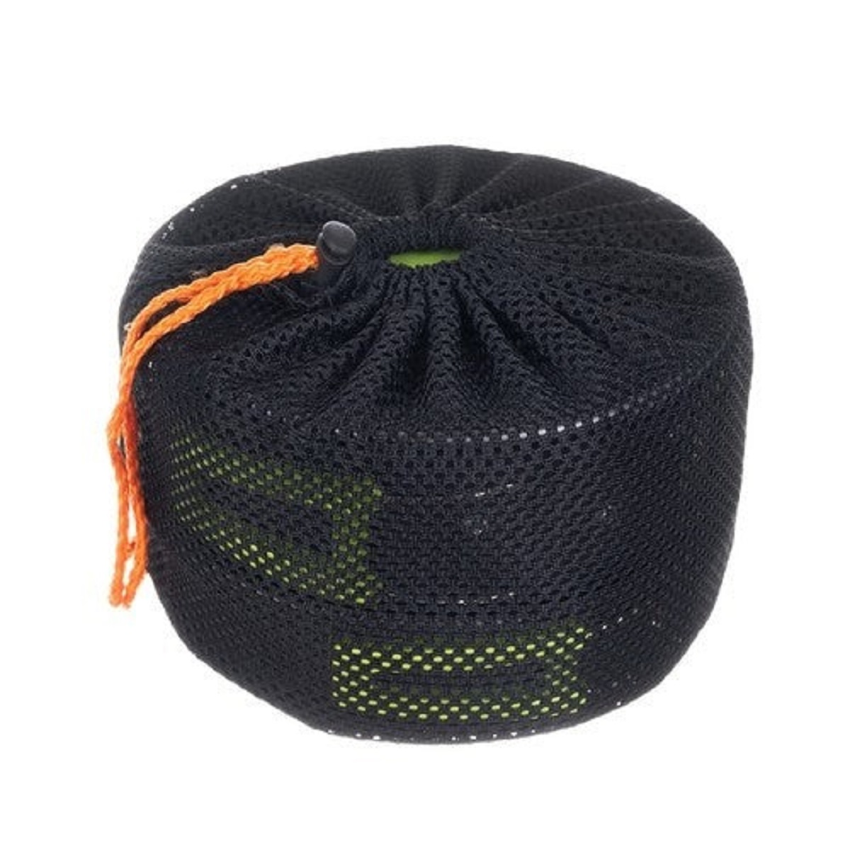 Bolsa negra de malla con cordón naranja, que muestra un interior verde y objetos amarillos.
