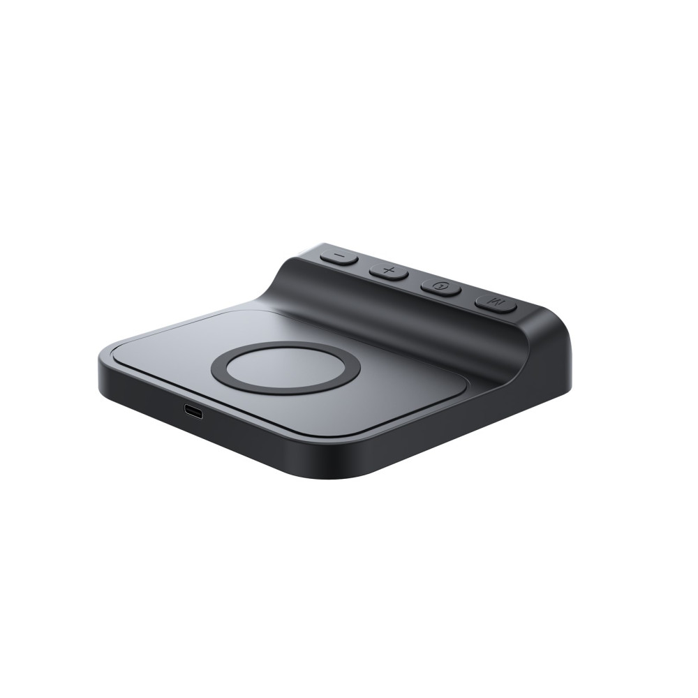 Czarna ładowarka bezprzewodowa z przyciskami i portem USB na białym tle.