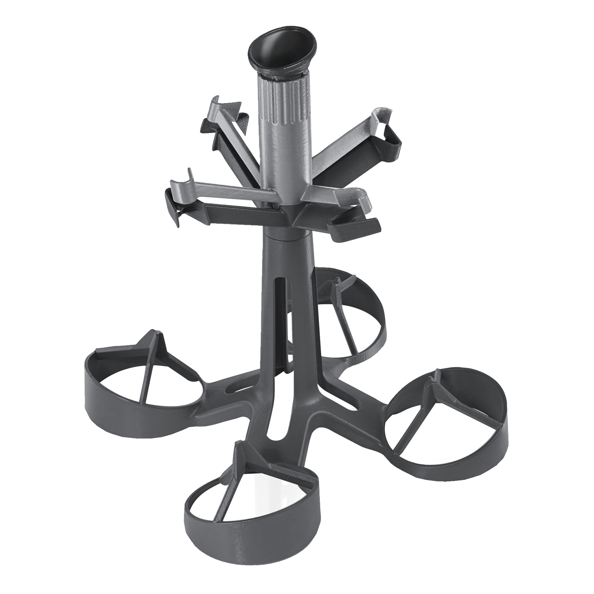 Szary stojak z tworzywa sztucznego z wieloma ramionami i uchwytami na przedmioty.