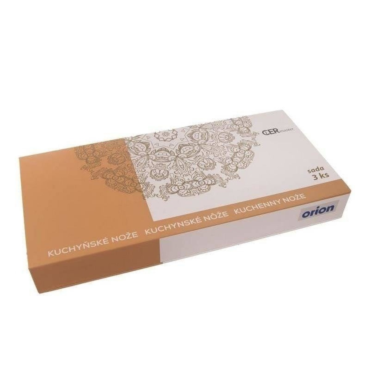 Una caja de regalo marrón y blanca con cuchillos de cocina, adornos y el nombre de la marca Orion.