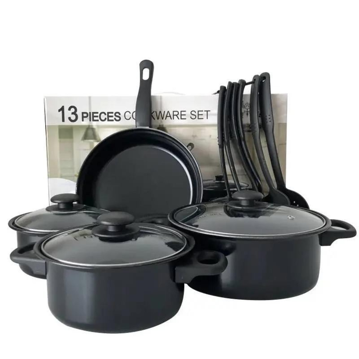 Un juego de 13 utensilios de cocina negros con tapas de cristal y utensilios.