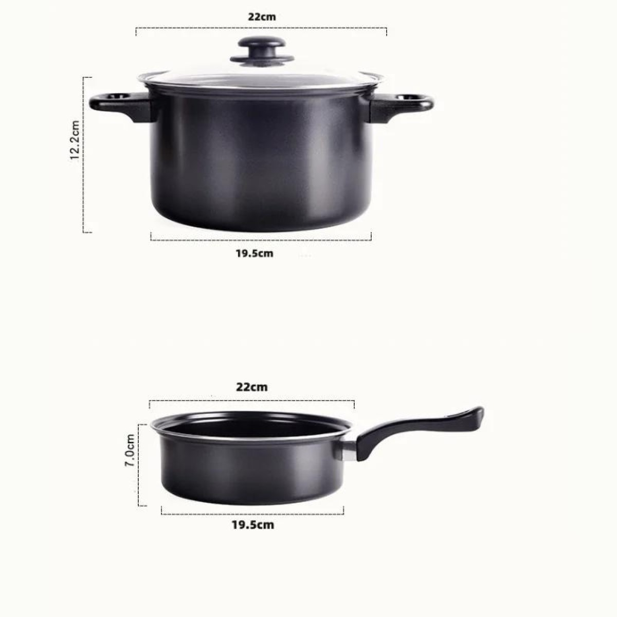 Una olla con tapa (22cm) y una olla con mango (19.5cm).