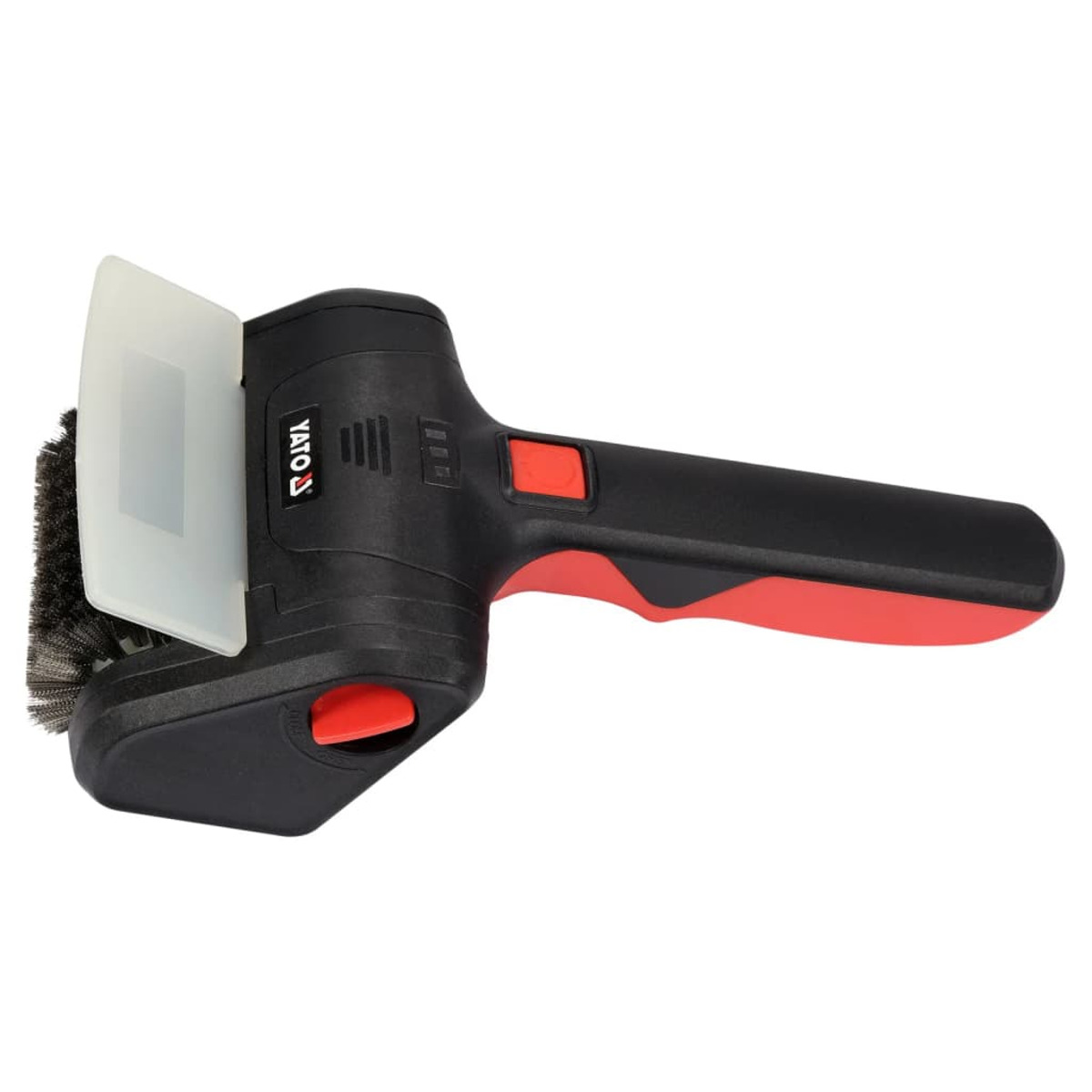 Czarna szczotka z czerwonym uchwytem i logo Yato na białym tle.