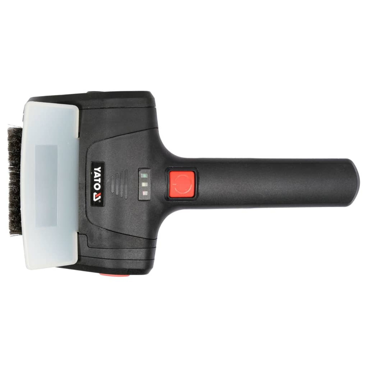 Czarne elektronarzędzie z rękojeścią, czerwonym przyciskiem i szczotką.