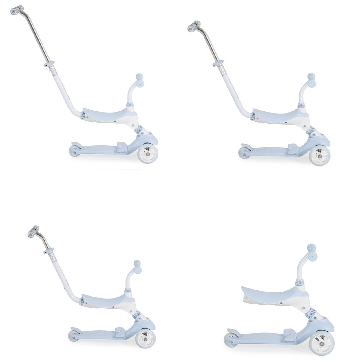 Ein hellblauer Kinderroller mit Sitz und Schiebestange.