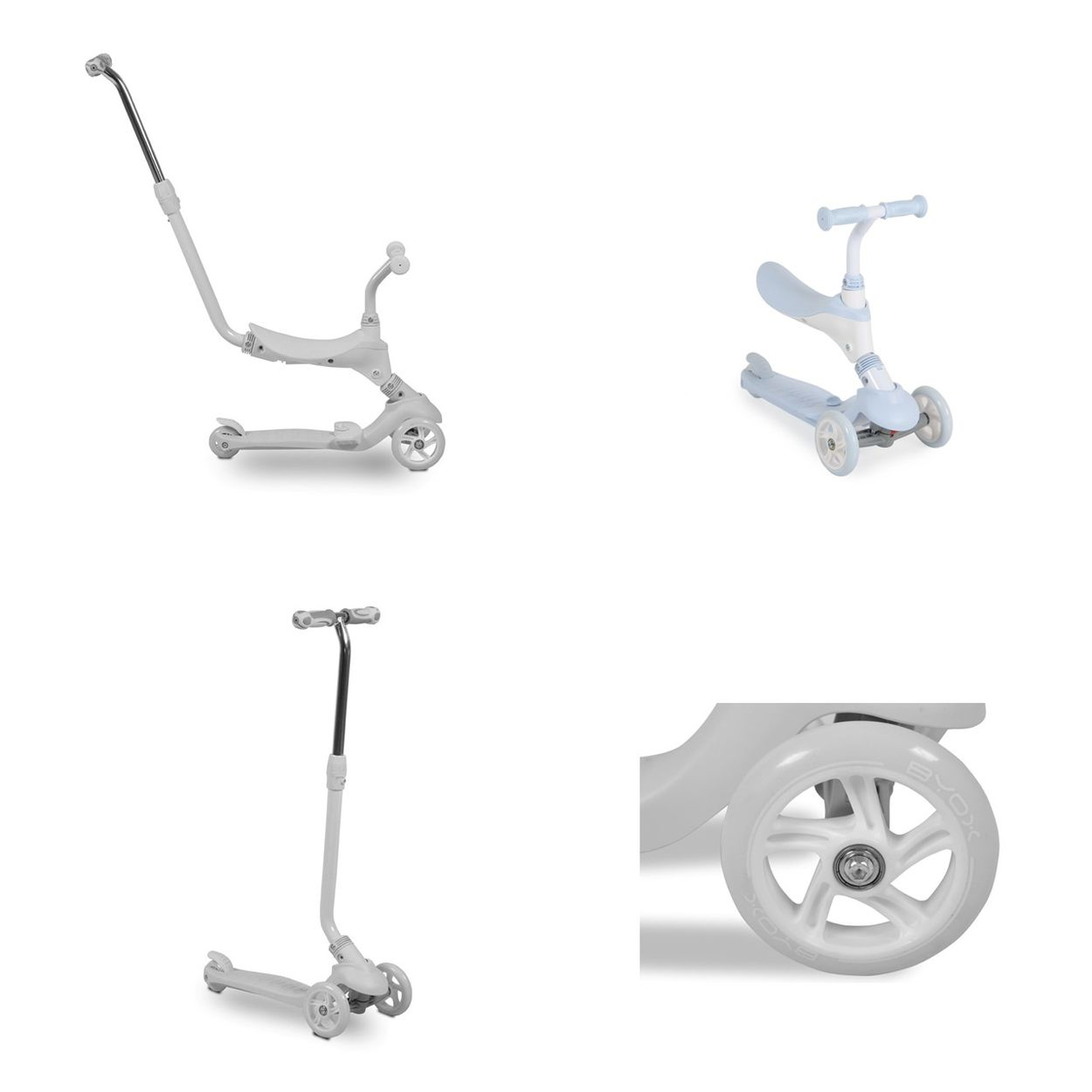 Grauer Roller mit Sitz und Griff, blauer Roller mit Sitz, grauer Roller, Rad