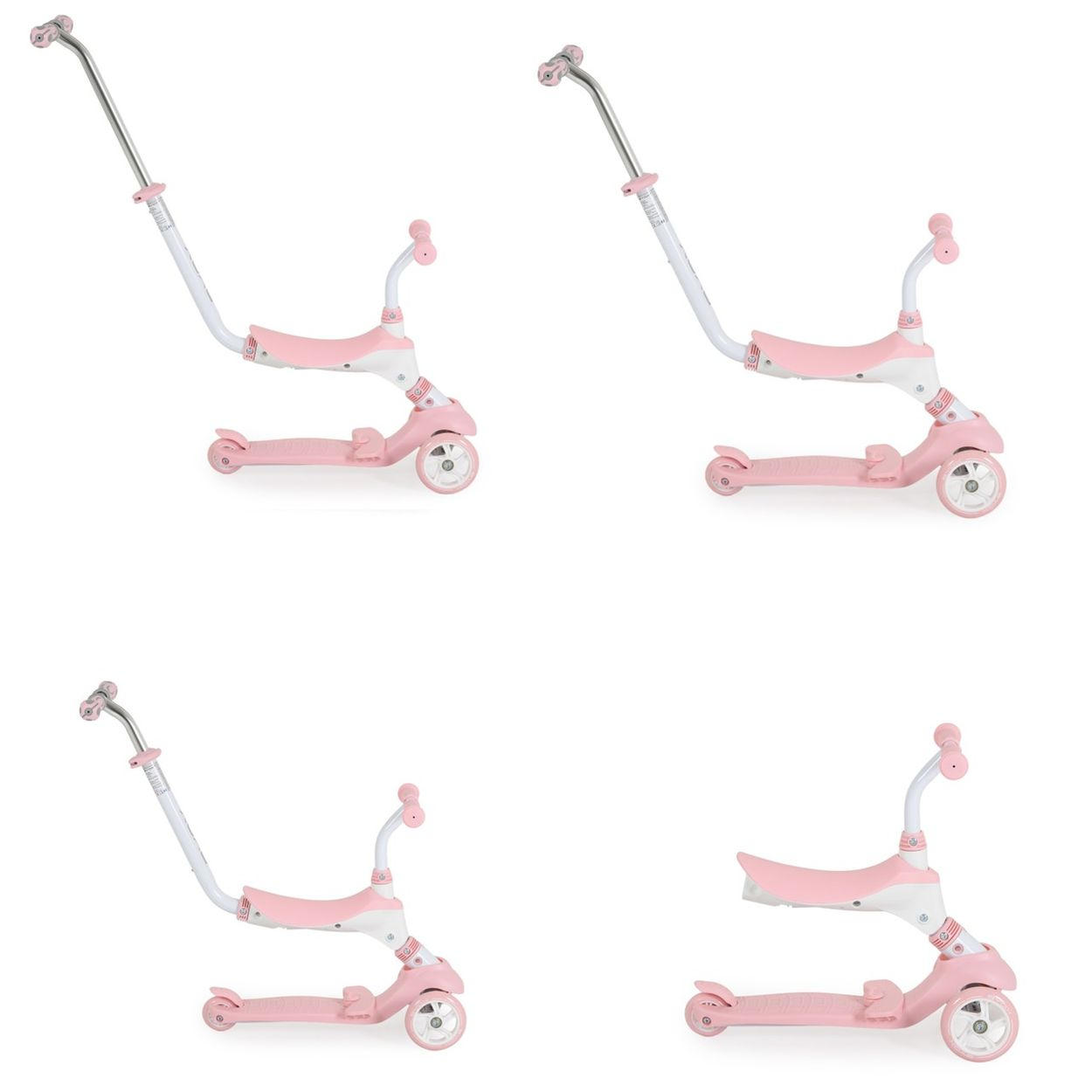 Ein rosafarbener Roller mit Sitz und Schiebestange.