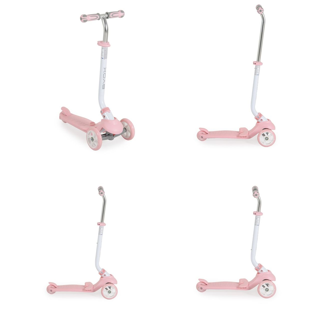 Ein rosa Dreirad-Roller mit silbernen Akzenten steht auf weißem Hintergrund.