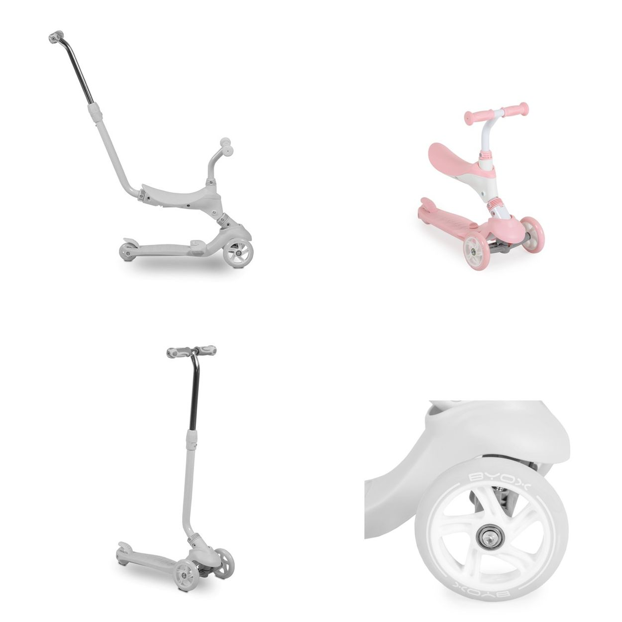 Ein grauer Kinderroller mit Griff, ein rosafarbener Roller mit Sitz und ein grauer Roller.