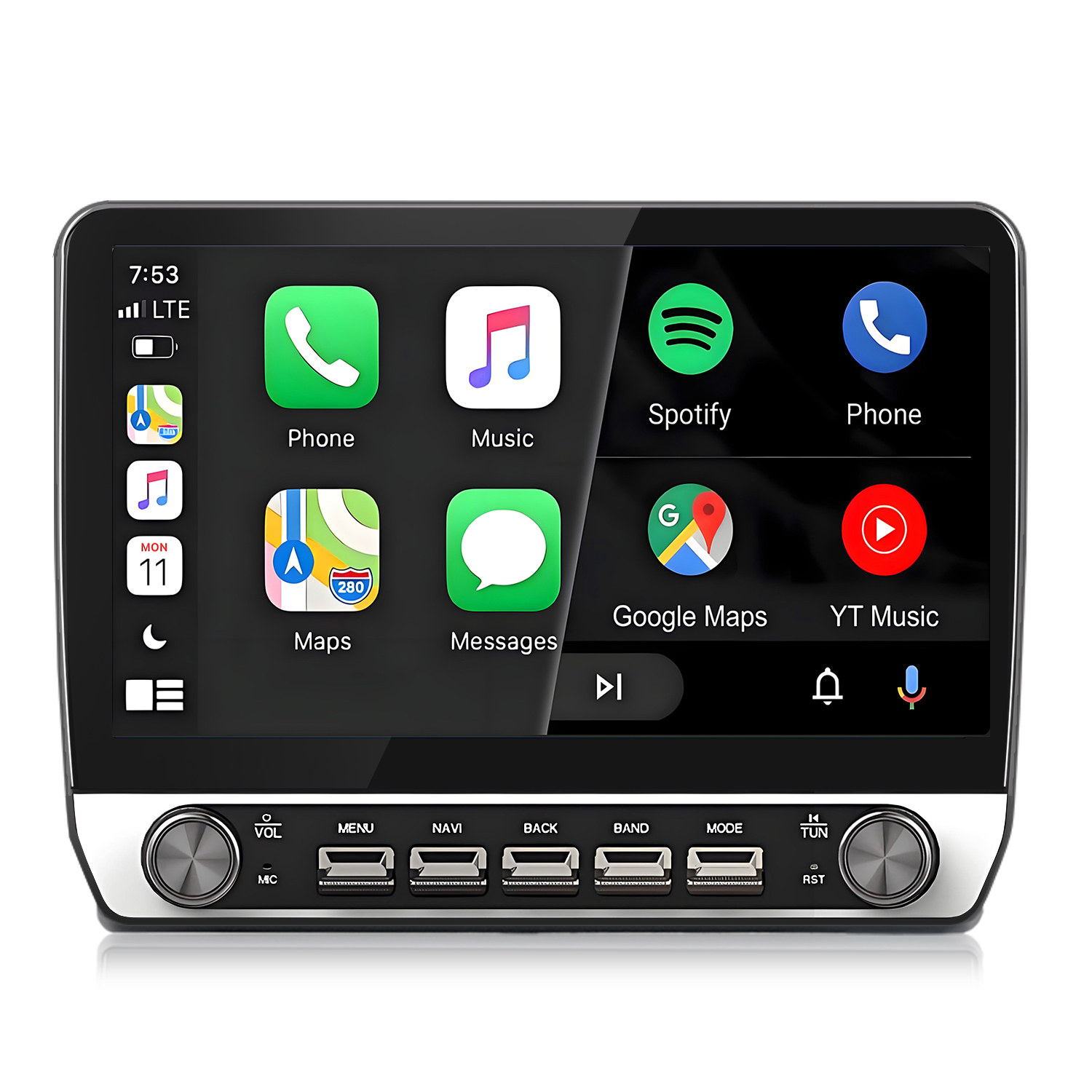 Ein Autoradio-Touchscreen zeigt App-Symbole für Telefon, Musik, Spotify, Karten und mehr.