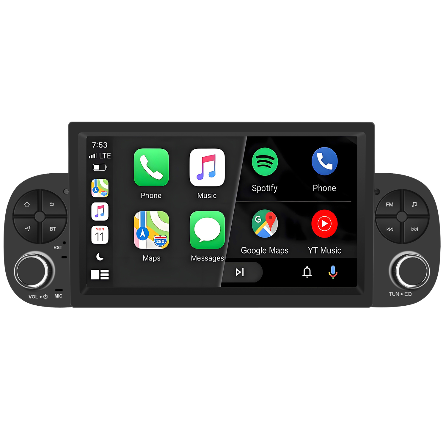 Ein Autoradio-Touchscreen zeigt App-Symbole: Telefon, Musik, Spotify, Maps.