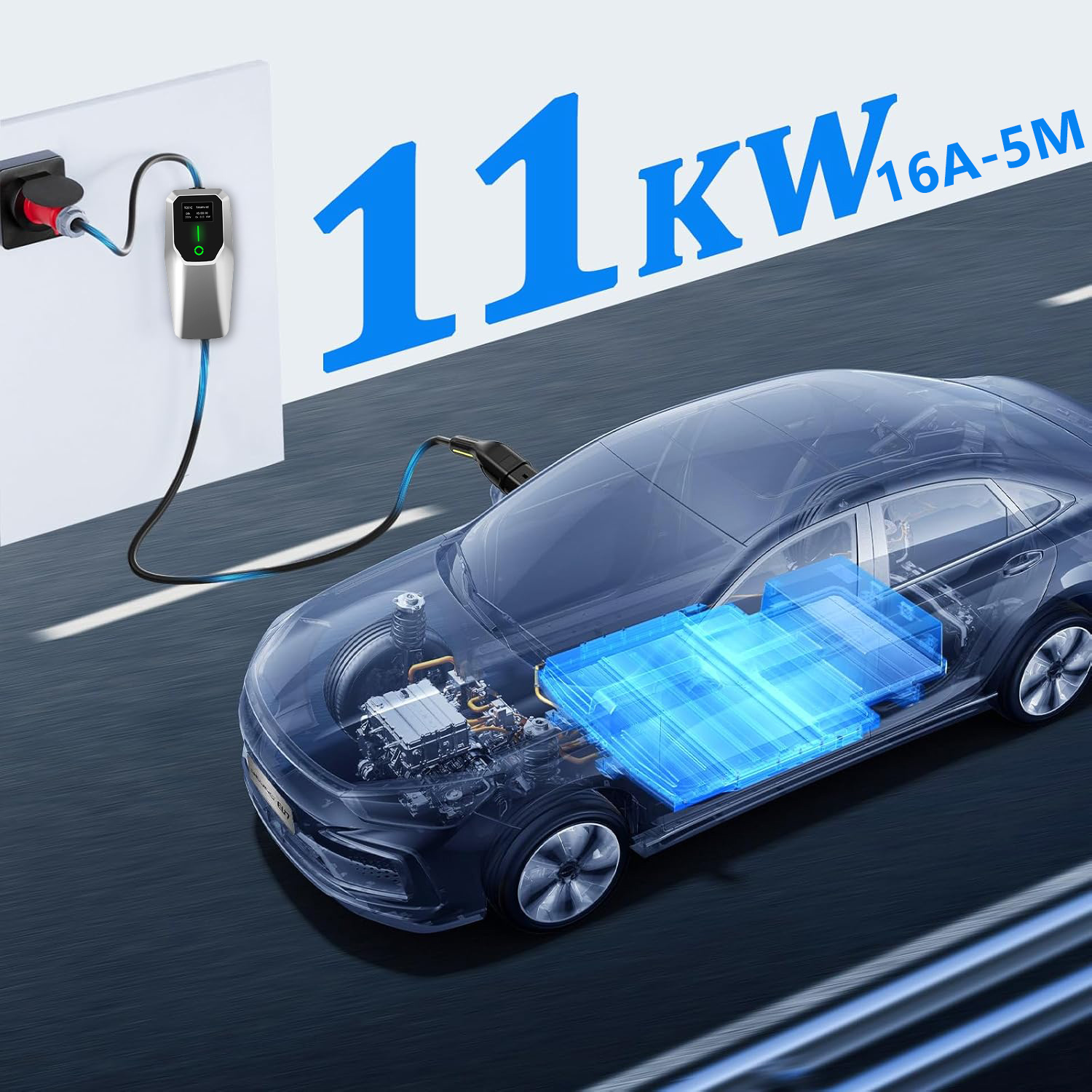 Ein Elektroauto wird über ein Ladegerät geladen, das an die Wand angeschlossen ist.