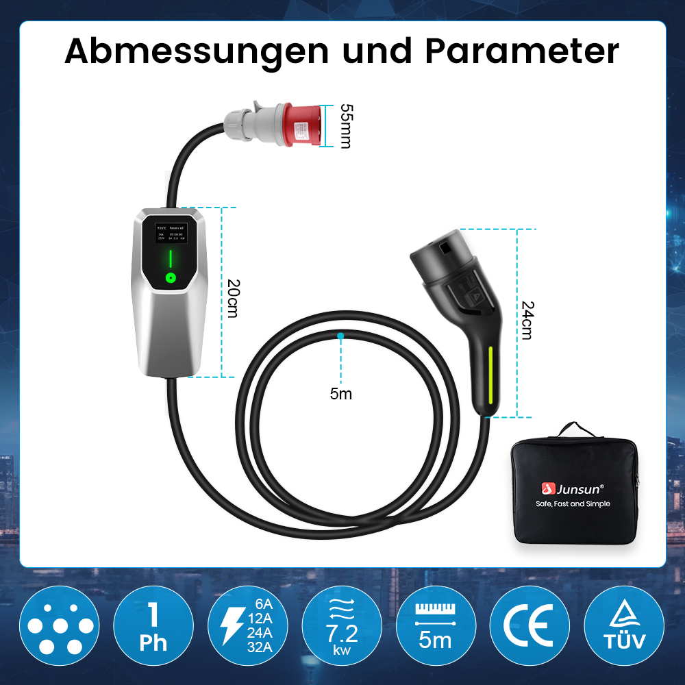 Ladegerät mit Kabel, Stecker, und Tasche. Maße: 20cm, 24cm, 5m.