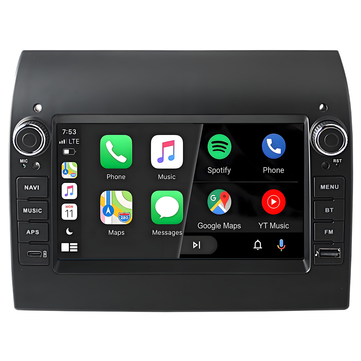 Ein Autoradio-Bildschirm zeigt Handy-, Musik-, Spotify-, Karten- und Nachrichten-Apps.