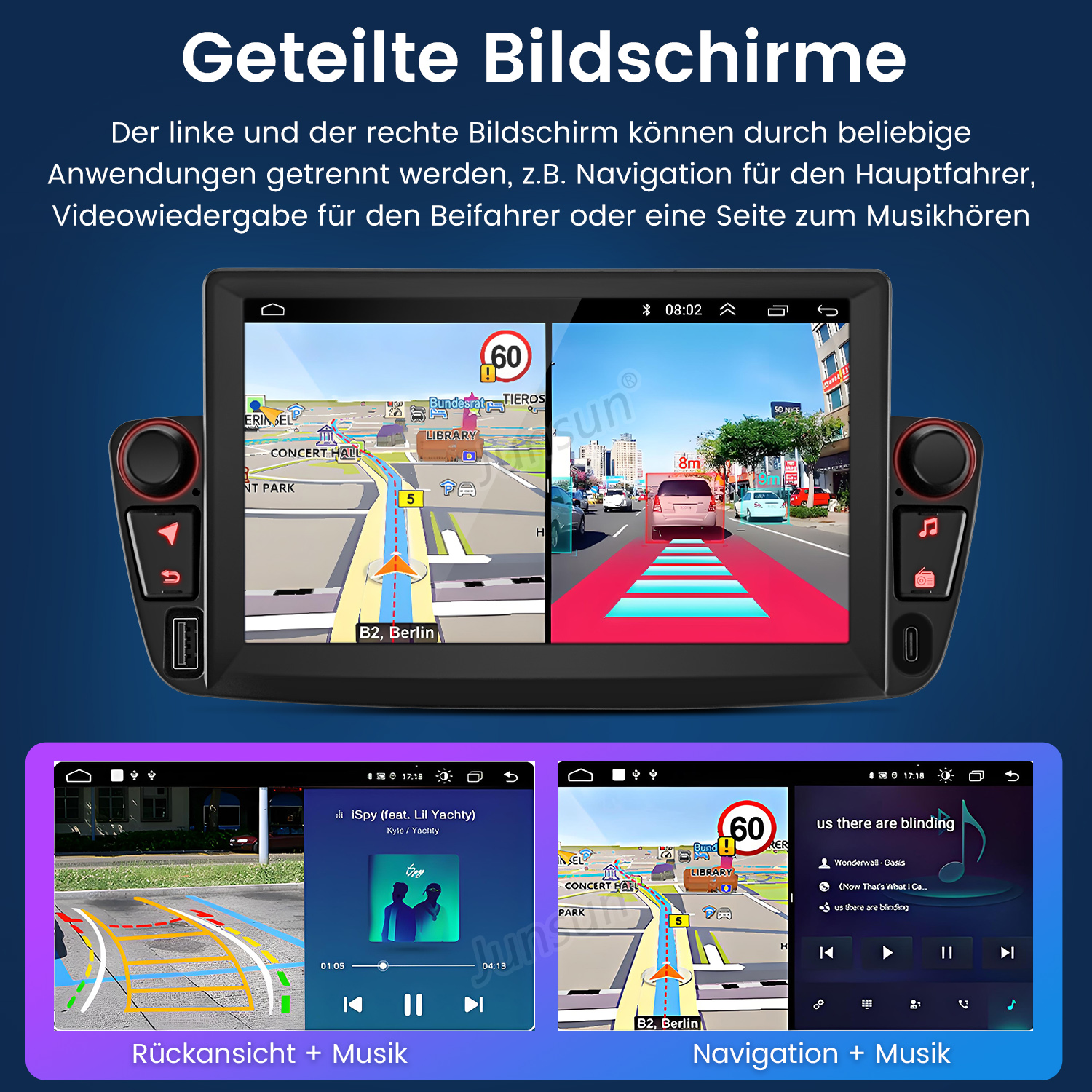 Ein Autoradio mit zwei geteilten Bildschirmen zeigt Navigation und Musik.