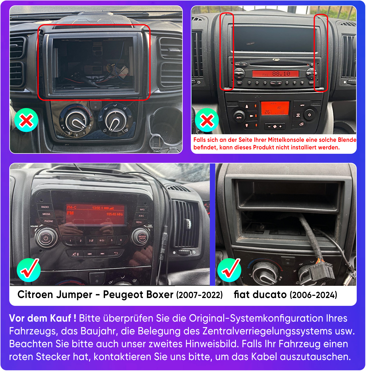 Einbau von Autoradios in Autos. Zeigt verschiedene Armaturenbretter.