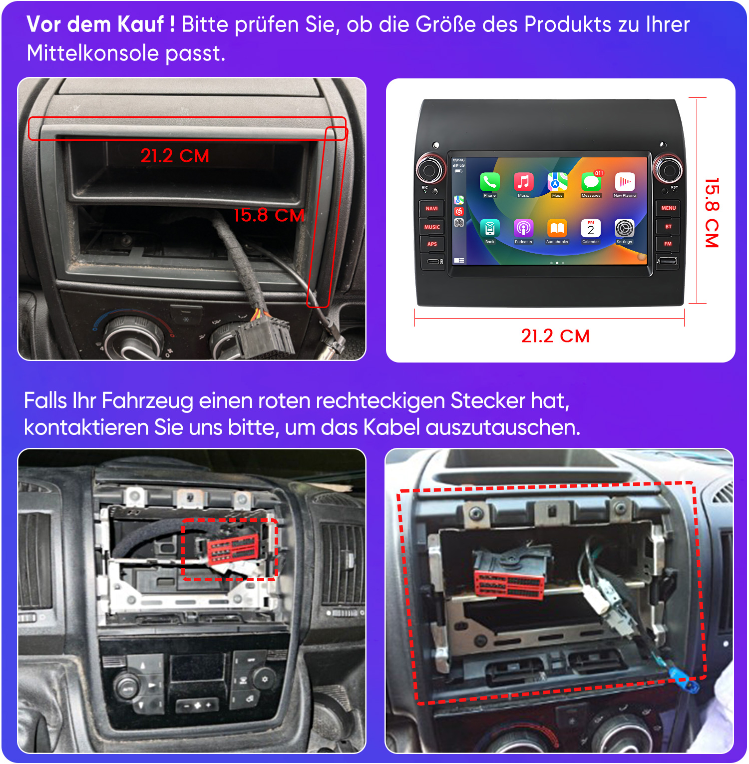 Einbauort mit Maßen 21,2x15,8cm und ein Radio-Display.
