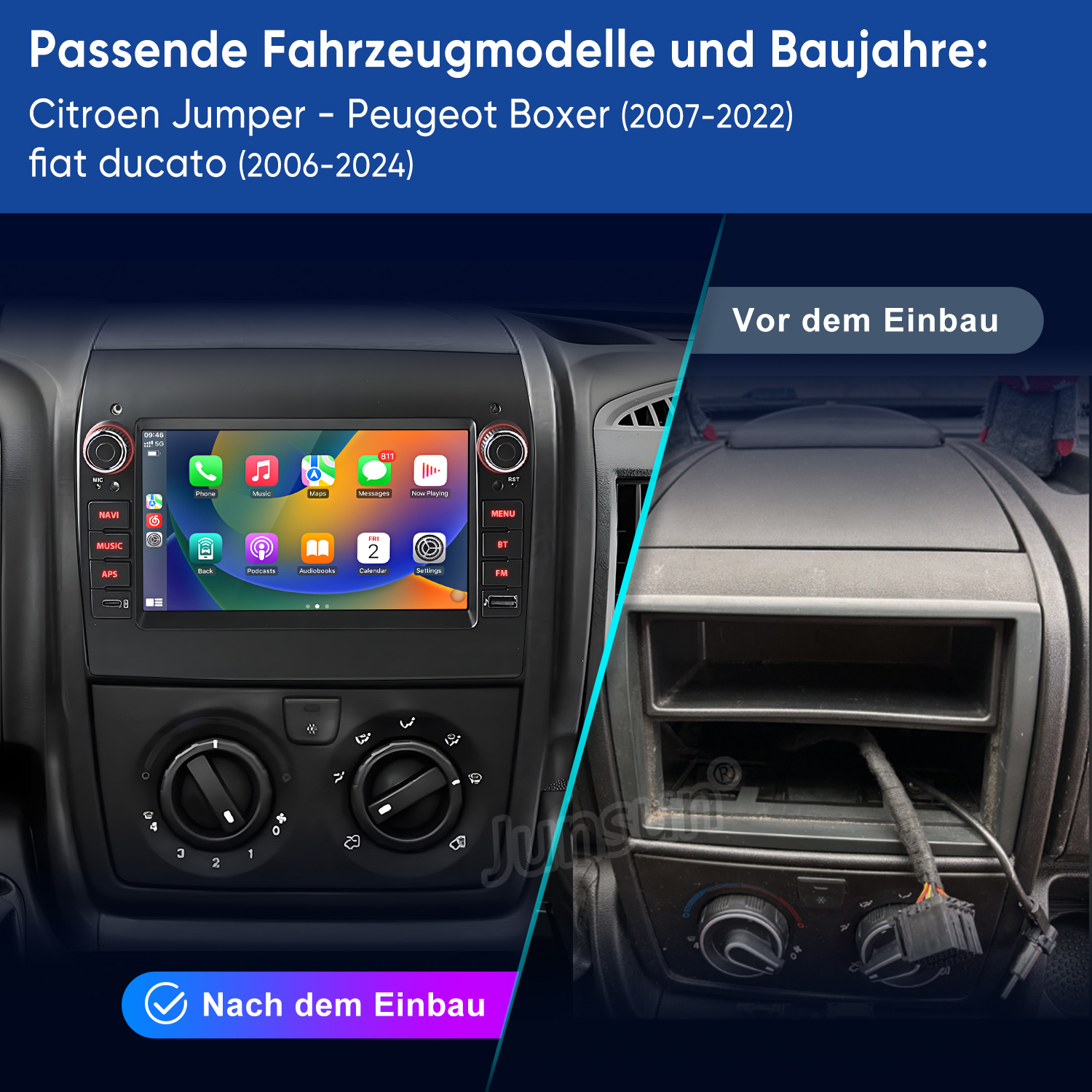 Vorher-Nachher-Vergleich eines Autoradios für Citroen, Peugeot, Fiat.