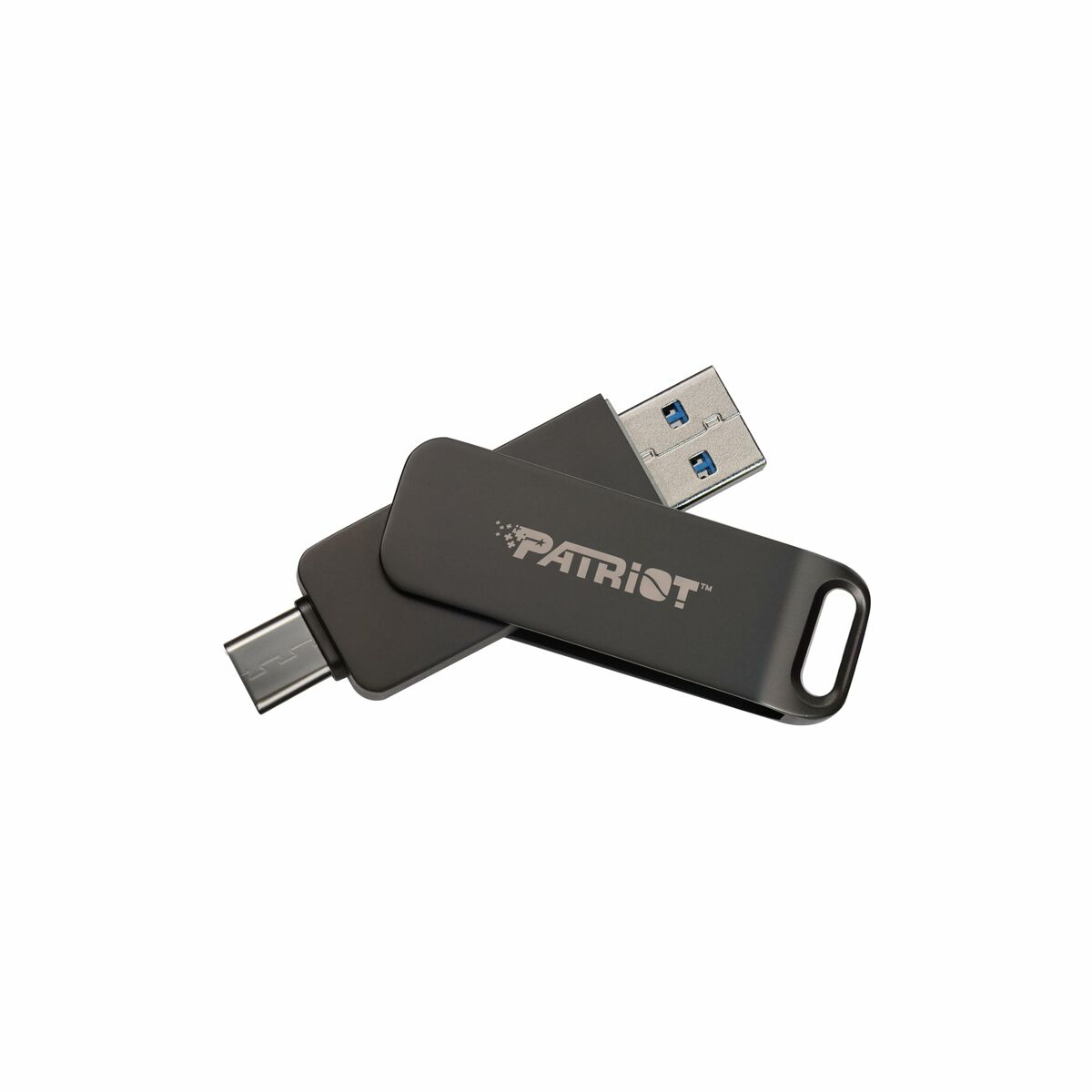 Szary pendrive z złączami USB-A i USB-C oraz logo Patriot.