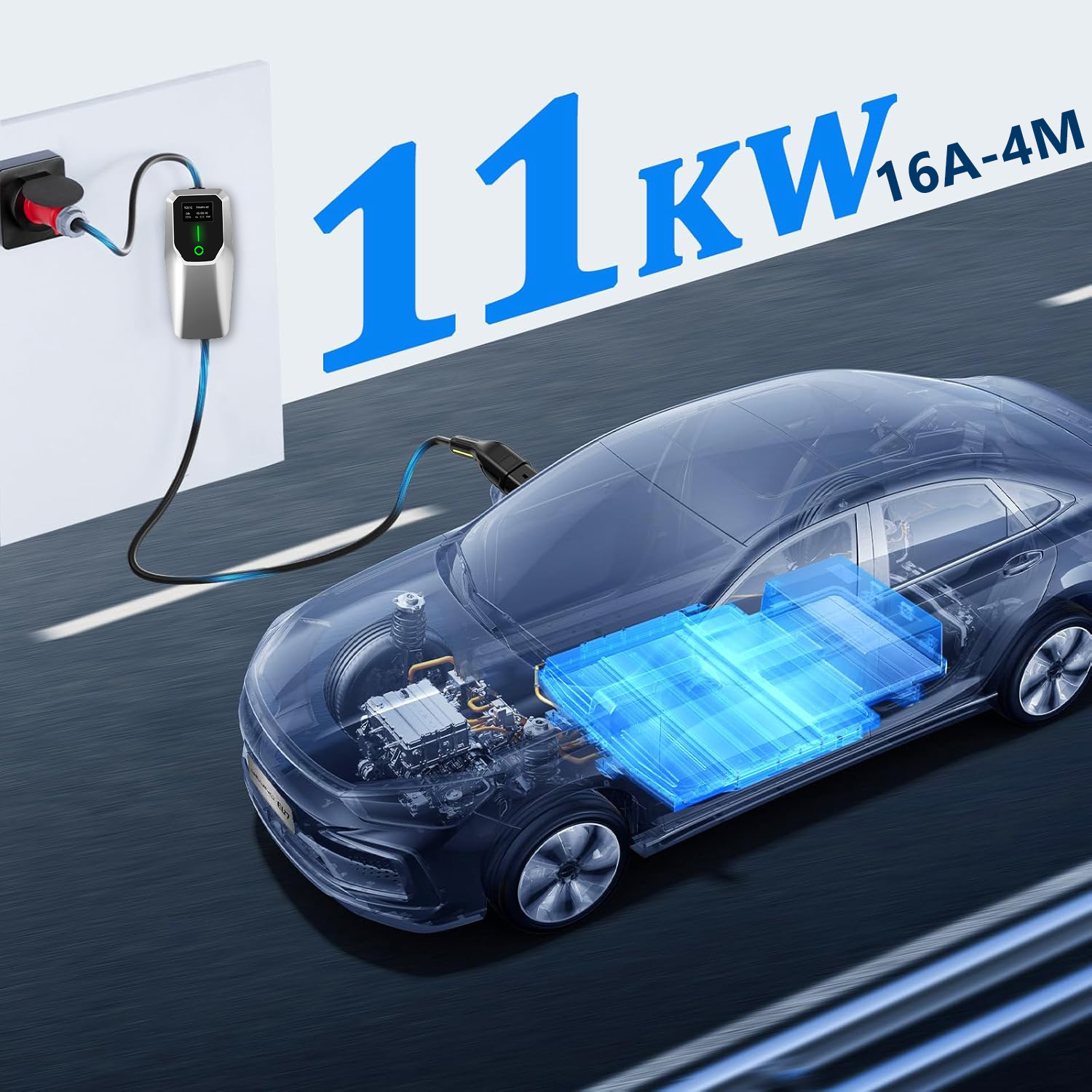 Un coche eléctrico se está cargando, resaltando la batería y el motor.