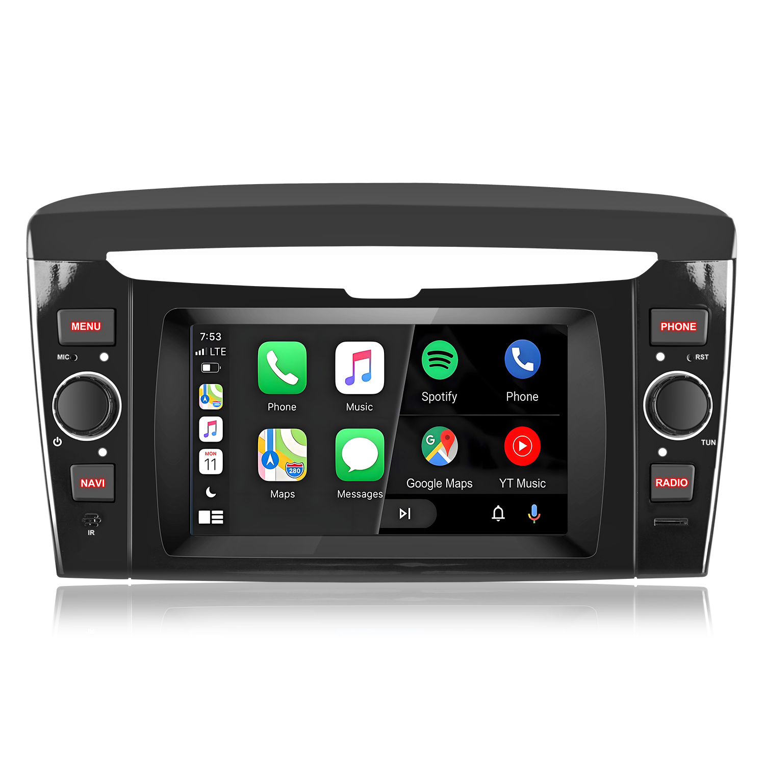 Ein Autoradio-Touchscreen zeigt App-Symbole wie Telefon, Musik und Karten an.
