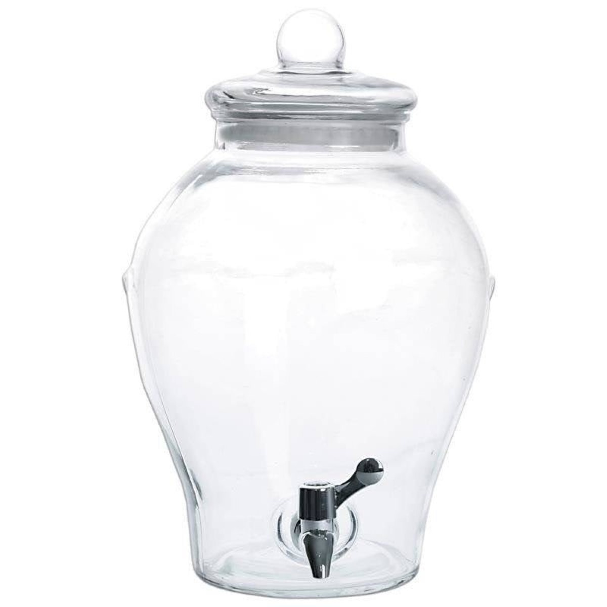 Dispensador de bebidas de vidrio transparente con tapa y grifo.