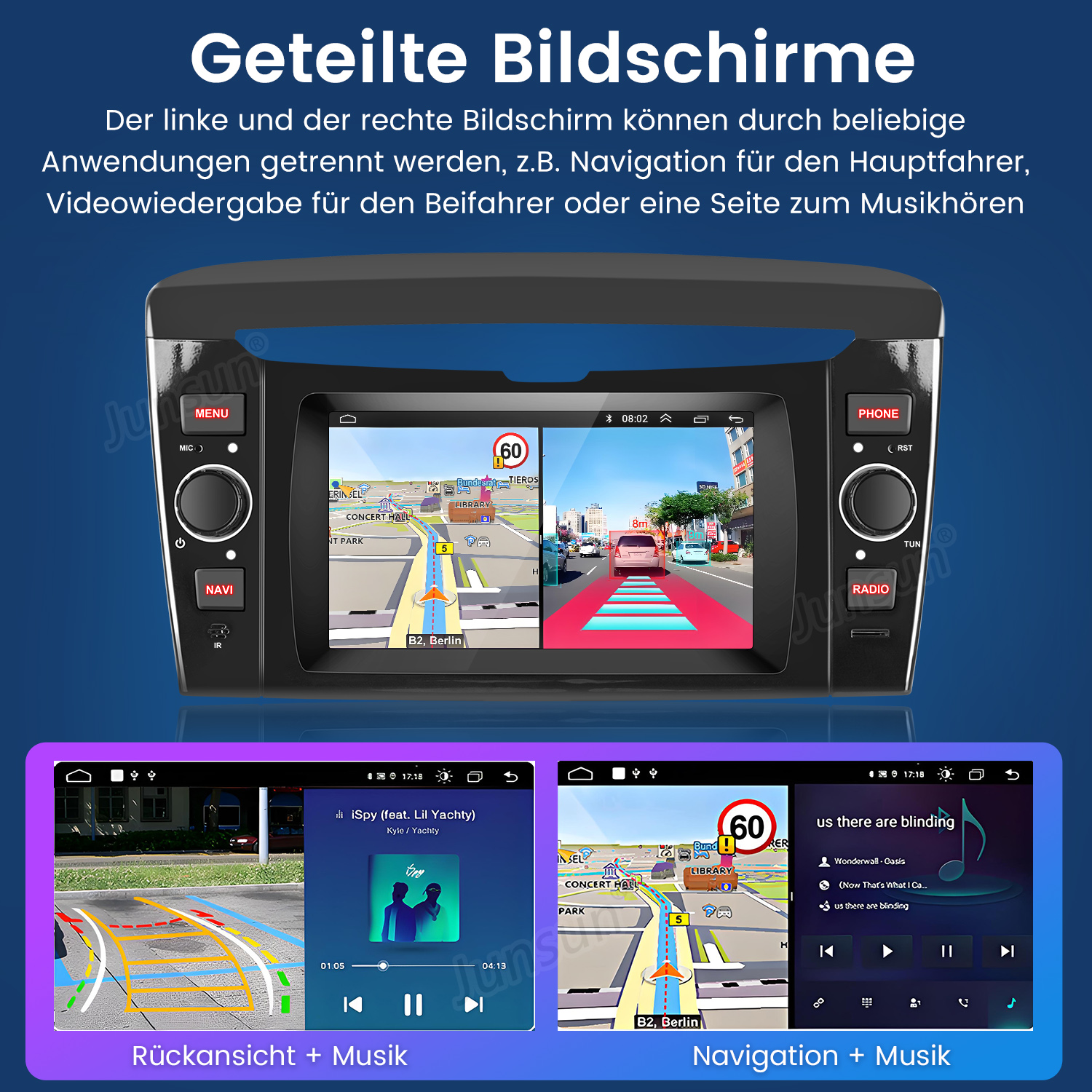 Geteilte Bildschirme: Navigation, Rückansicht und Musik