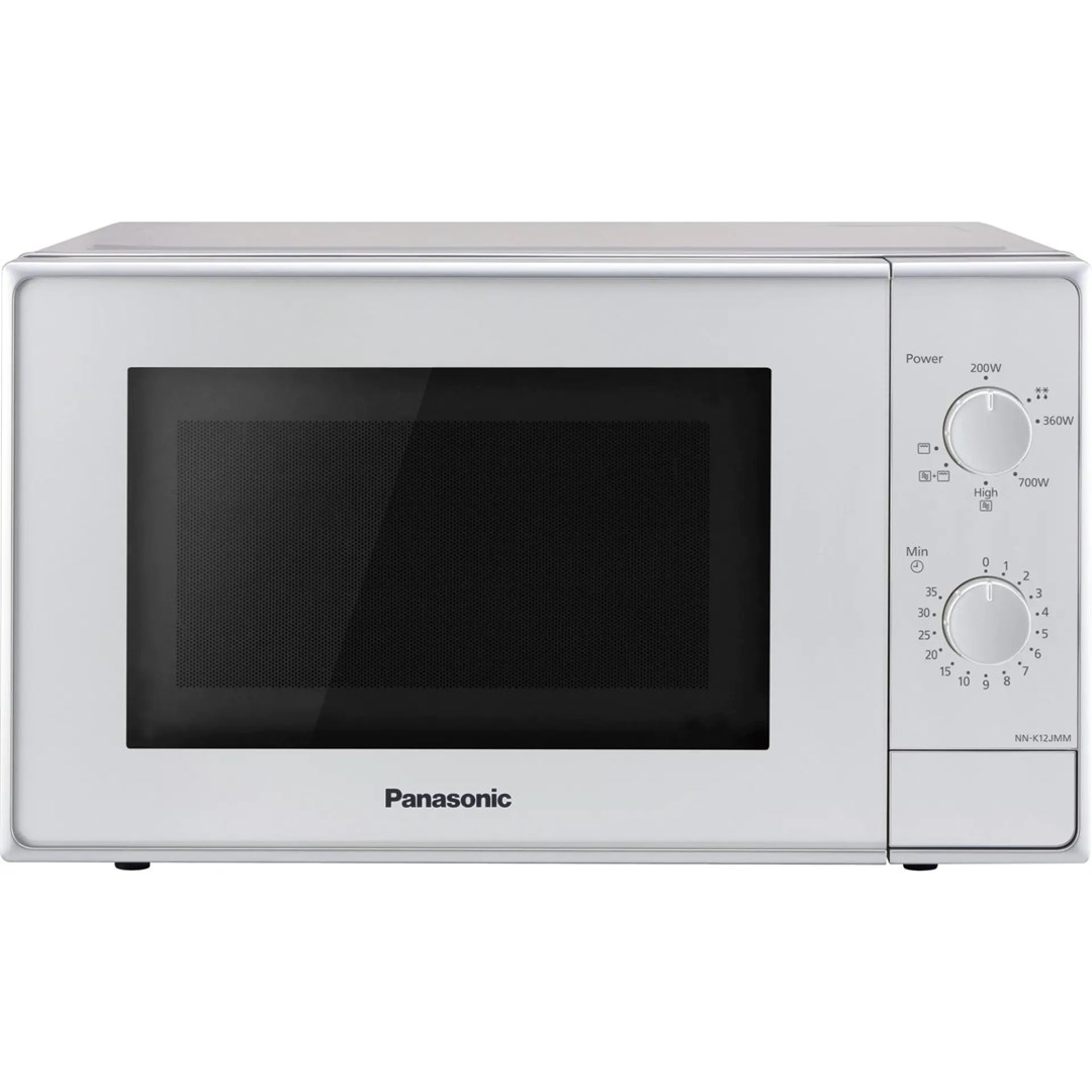 Un microondas Panasonic blanco con dos diales para potencia y tiempo.